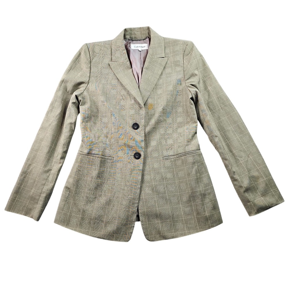 Calvin Klein Blazer Jacket Womens 2 Olive Plaid Formal Business Single Breasted